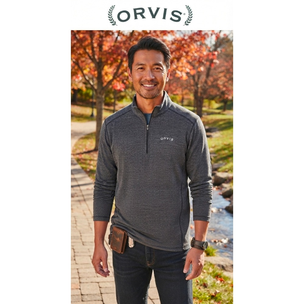 Orvis Mens Classic Collection Quarter Zip Pullover Heather Grey Mock Neck Size M